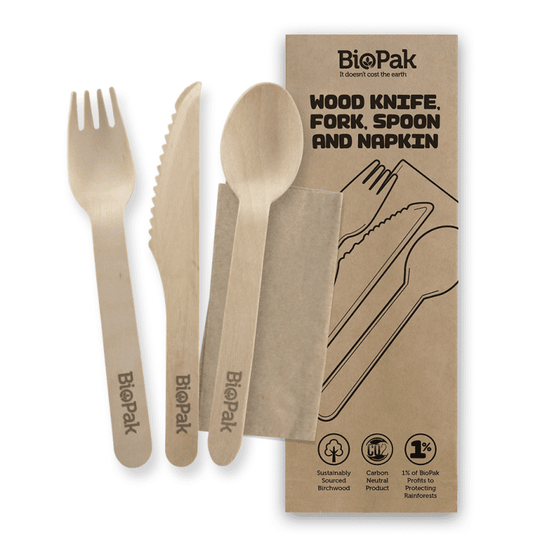 Biopak 16cm Coated Wood Knife Fork Spoon Napkin Set 280pcs Bulk Buys