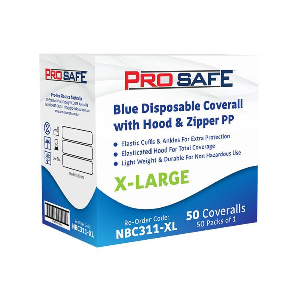 NBC311-XL-BX (ProSafe Blue Disposable Coverall With Hood & Zipper PP XL 50pcs)