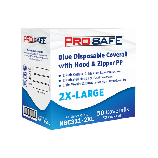 NBC311-2XL-BX (ProSafe Blue Disposable Coverall With Hood & Zipper PP 2XL 50pcs)